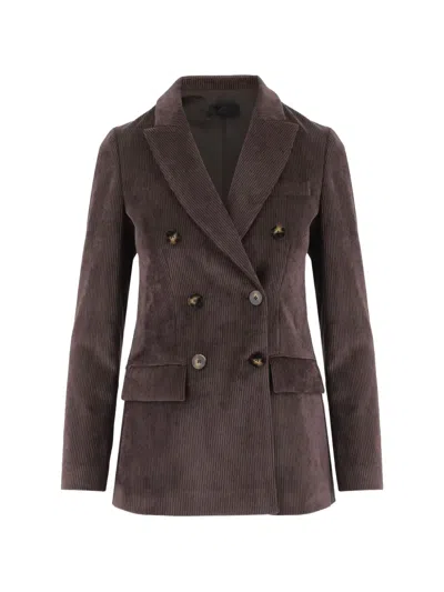 Fit Stretch Velvet Double-breasted Jacket With Classic Lapels In Brown