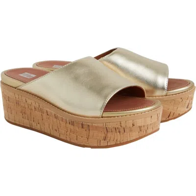 Fitflop Eloise Sandals Platino Leather Wedge Heel Slide Hawk660 In Gold