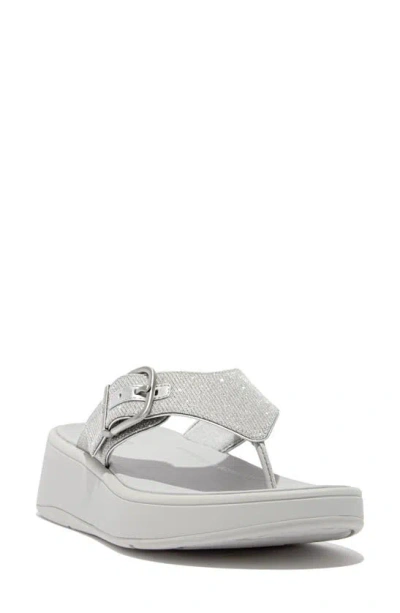 Fitflop F-mode Buckle Shimmerlux Platform Wedge Flip Flop In Silver