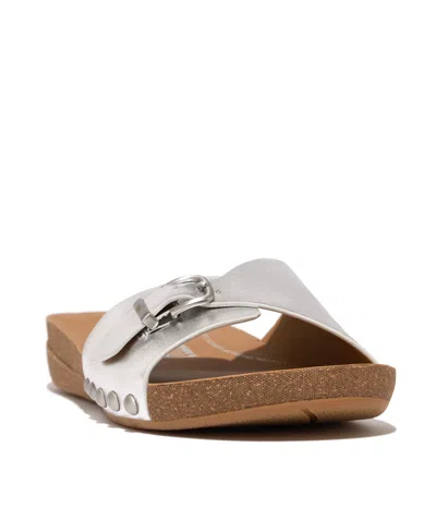 FITFLOP FITFOP WOMEN'S IQUSHION ADJUSTABLE BUCKLE METALLIC-LEATHER SLIDES