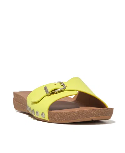 Fitflop Fitfop Women's Iqushion Adjustable Buckle Metallic-leather Slides In Sunny Lime