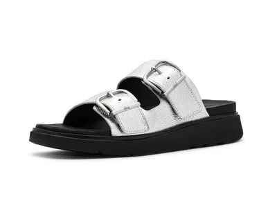 Fitflop Gen Ff Buckle Tumbled Leather Two Bar Slides In Silver