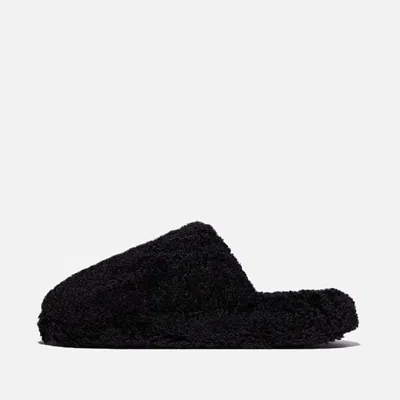 Fitflop Iqushion D-luxe Slippers Black Fleece Padded Teddy Mules Gal601