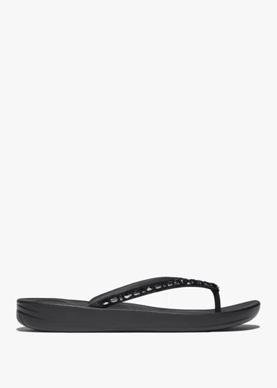 Fitflop Iqushion Multi Crystal All Black Flip Flops