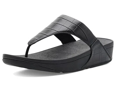 Fitflop Lulu Crocodile Toe Post Sandals Women's Wedge Shoes All Black: 8 M (b)