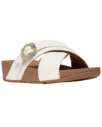 Fitflop Lulu Crystal Buckle Leather Cross Slide In White