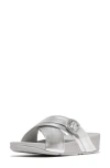 Fitflop Lulu Crystal Buckle Metallic Leather Slide Sandal In Silver