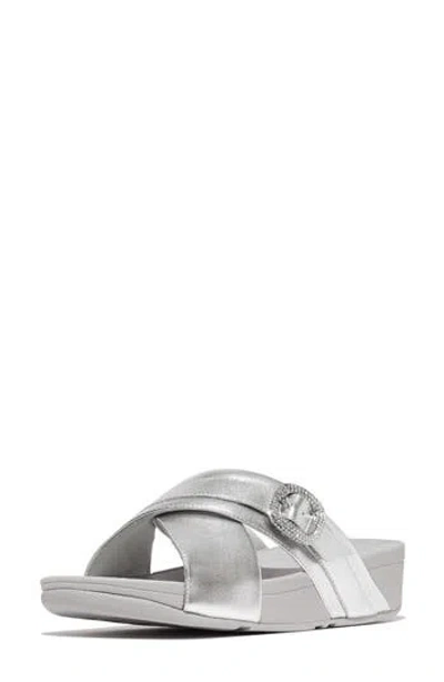 Fitflop Lulu Crystal Buckle Metallic Leather Slide Sandal In Silver