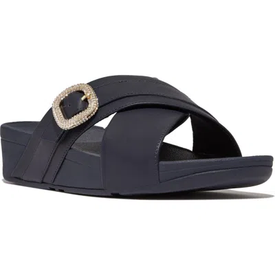 Fitflop Lulu Crystal Buckle Platform Slide Sandal In Midnight Navy