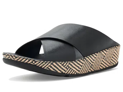 Fitflop Lulu Lux Graphic-weave Leather Cross Slides In Black