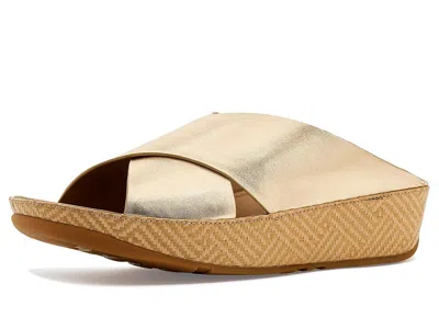 Fitflop Lulu Lux Graphic-weave Leather Cross Slides In Gold