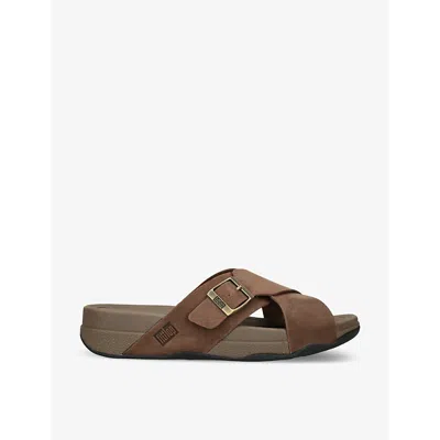 Fitflop Mens Brown Surfer Cross-strap Leather Sandals