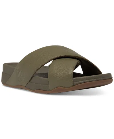 Fitflop Men's Tumbled-leather Cross Slides In Deep Olive