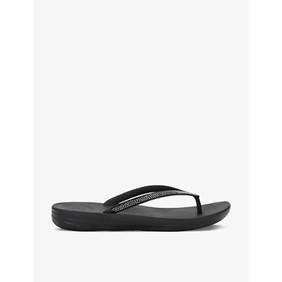 FITFLOP FITFLOP WOMEN'S BLACK IQUSHION DELUXE ERGONOMIC LEATHER SLIDES