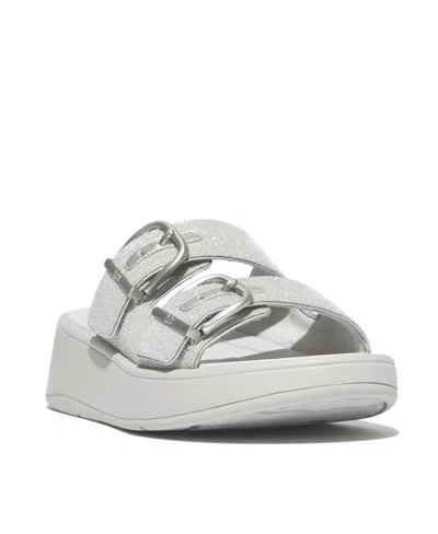 Fitflop Women's F-mode Buckle Shimmer Lux Flatform Two-bar Slides In Silver