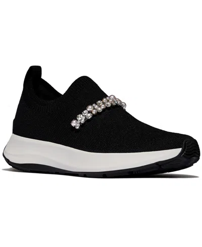 Fitflop Women's F-mode Flow Imitation Pearls And Crystal Knit Slip-on Sneakers In Black