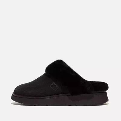 Fitflop Women's Gen-ff Shearling-collar Suede Slippers In All Black