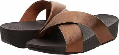 Fitflop Women's Lulu Cross Slide Sandals Leather Wedge Mule In Bronze In Gold