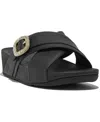 Fitflop Women's Lulu Crystal Buckle Leather Cross Slides Flats In Black