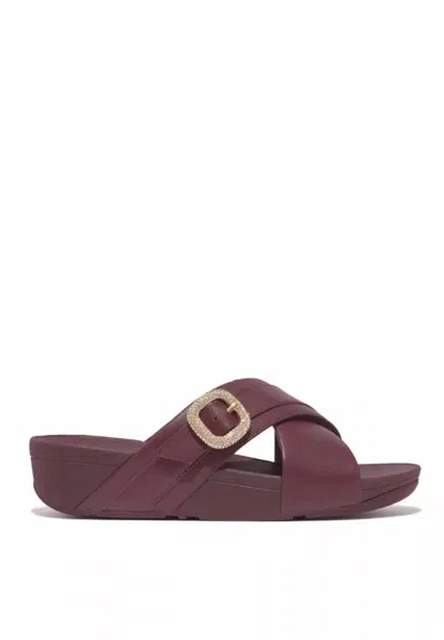 Fitflop Women's Lulu Crystal-buckle Leather Cross Slides In Mauve Wine In Red