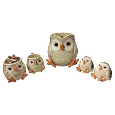 Pre-owned Fitz And Floyd 1970s  Hand Painted Owl Tea Set Tea Pot Creamer Sugar Salt Pepper In Brown