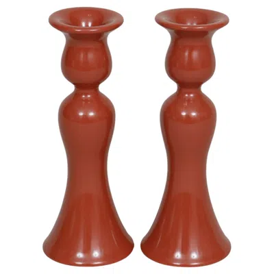 Pre-owned Fitz And Floyd Cinnabar Red Ceramic Candle Holders, A Pair
