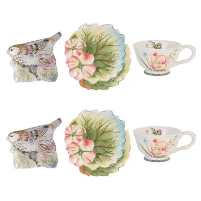 Fitz And Floyd English Garden Teacup, Saucer And Tea Rest, 6 Piece In Green;pink