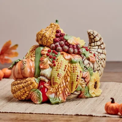 Fitz And Floyd Fall Harvest Cornucopia Cookie Jar In Brown;white;green;beige;yellow;orange