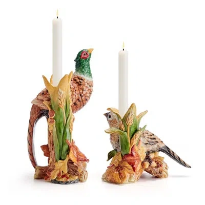 Fitz And Floyd Fall Harvest Pheasant Candleholder Pair In Brown;green;orange