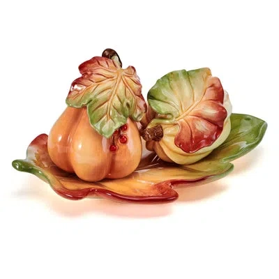 Fitz And Floyd Fall Harvest Salt And Pepper Tray Set In Brown;green;orange