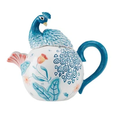 Fitz And Floyd Gracie 1-qt Teapot W/ Peacock Lid In Blue;white