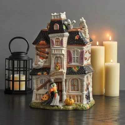Fitz And Floyd Halloween Harvest Haunted House Figurine Cookie Jar In Black;brown;white;green;gray;beige;orang