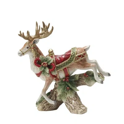 Fitz And Floyd Holiday Home Landing Deer Candleholder In Red,green,gold