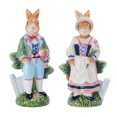 Fitz And Floyd Jardin Rabbit Salt And Pepper Shaker In Brown;white;green;pink