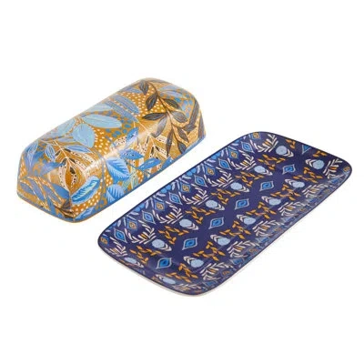 Fitz And Floyd Madeline Covered Butter Dish, Multicolor,8-inch In Blue
