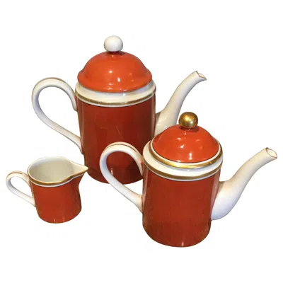 Pre-owned Fitz And Floyd Medaillon D'or Coffee And Tea Pots With Creamer, 1979 In Red