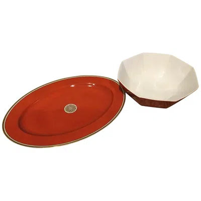 Pre-owned Fitz And Floyd Medaillon D'or Serving Platter And Large Bowl, 1979 In Red