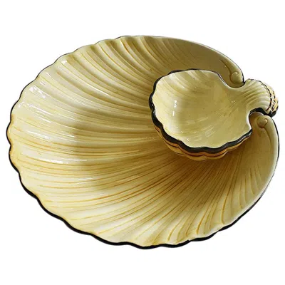 Pre-owned Fitz And Floyd Midcentury Ceramic  Clam Shell Platter In Yellow And Black