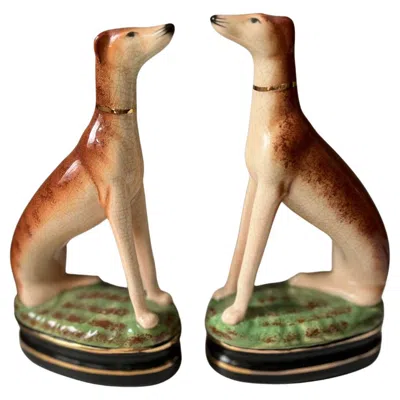 Pre-owned Fitz And Floyd Pair Of Vintage Hand Painted  Whippet Dog Figurines In Brown