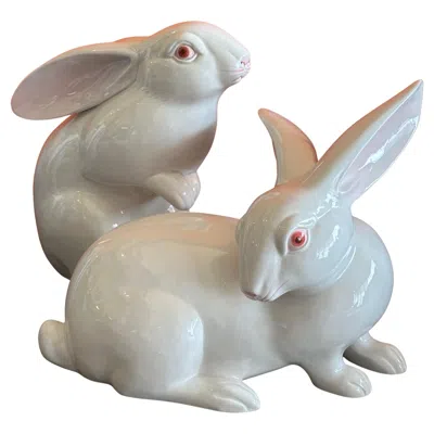 Pre-owned Fitz And Floyd Pair Of White Porcelain Rabbits By Fitz & Floyd