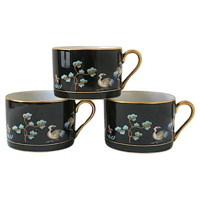 Pre-owned Fitz And Floyd Porcelain Chinoiserie Coffee Tea Cups In Black