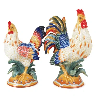 Fitz And Floyd Ricamo Rooster And Hen Figurines, Set Of 2 In Blue,green,red