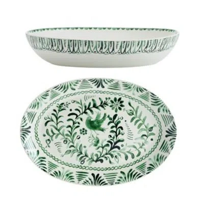 Fitz And Floyd Sicily 2-piece Serving Bowl And Platter Set In White;green