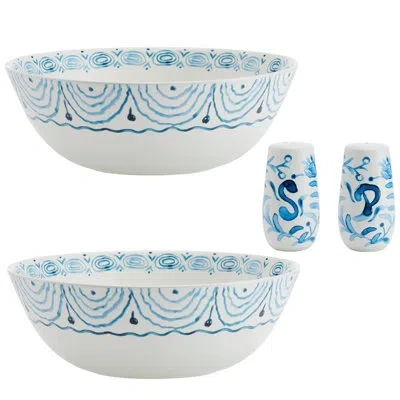 Fitz And Floyd Sicily Blue Serve Bowls And Salt And Pepper Set In Blue;white