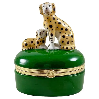 Pre-owned Fitz And Floyd Spotted Dogs Porcelain Trinket Box In Green