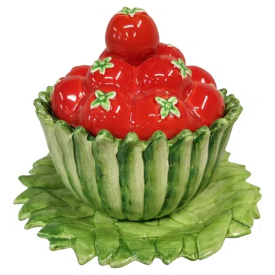 Pre-owned Fitz And Floyd Vintage 1985 Fitz & Floyd Majolica Tomato Basket With Pea Pod Plate In Brown
