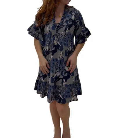Fitzroy & Willa Ruffle-sleeve Caftan Mini Dress In Indigo Bird Print In Multi