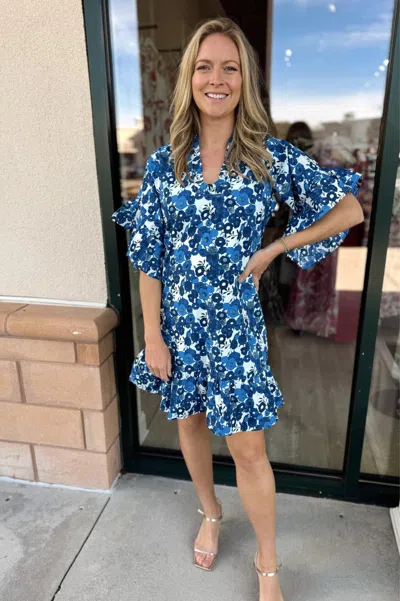 Fitzroy & Willa Soleil Mini Dress In Blue Poppy In Multi