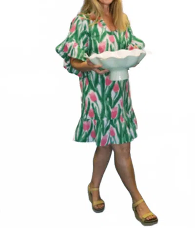 Fitzroy & Willa Soleil Mini Dress In Pink And Green Tulips In Multi
