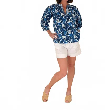 Fitzroy & Willa Women's Floral Three-quarter Sleeve Blouse In Blue Poppy In Multi